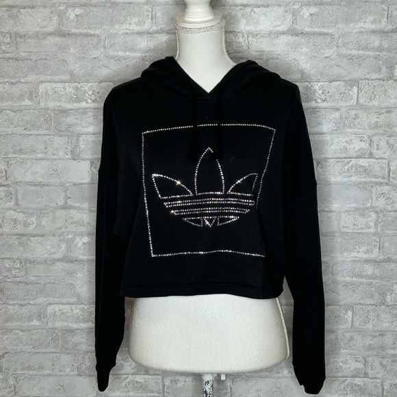 adidas Tops - Adidas black hooded crop sweatshirt with embellished adidas symbol size S